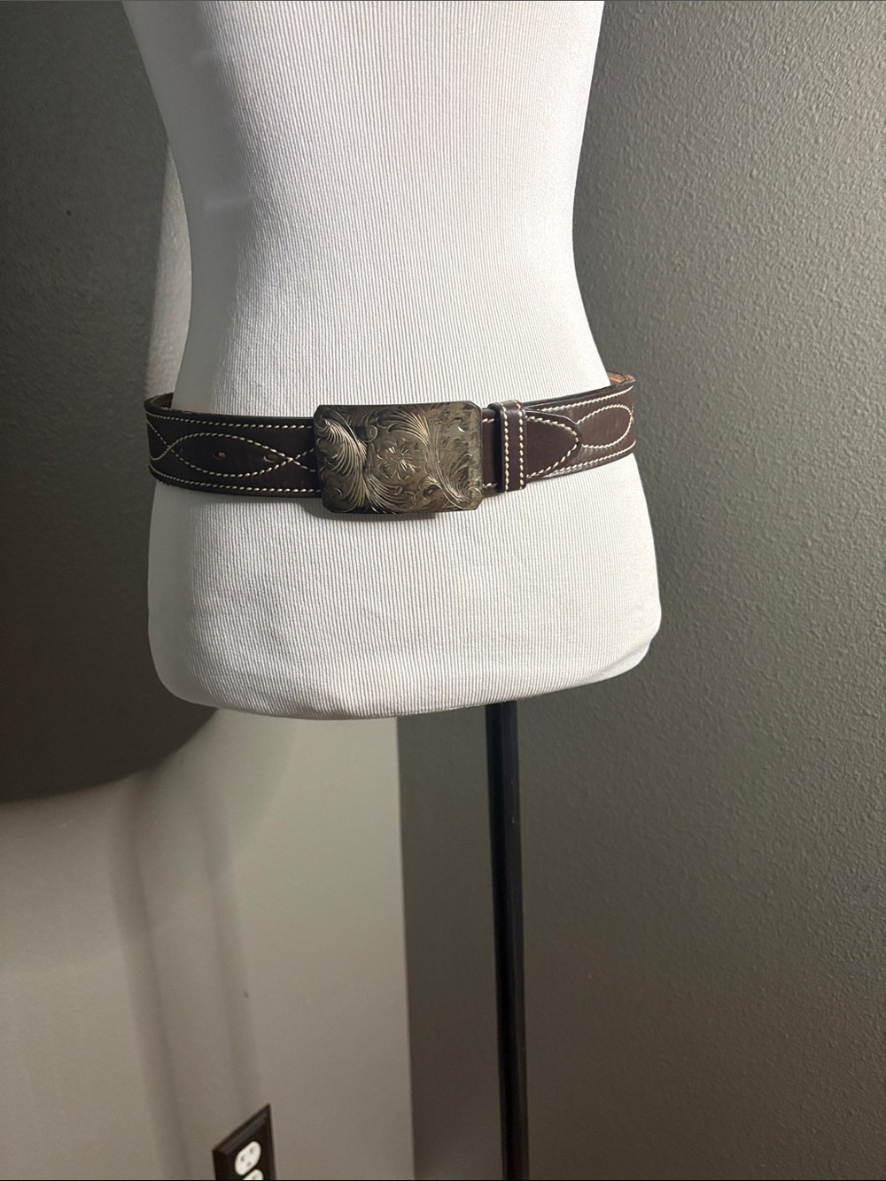 Brown Leather Belt with Ornate Silver-Tone Buckle